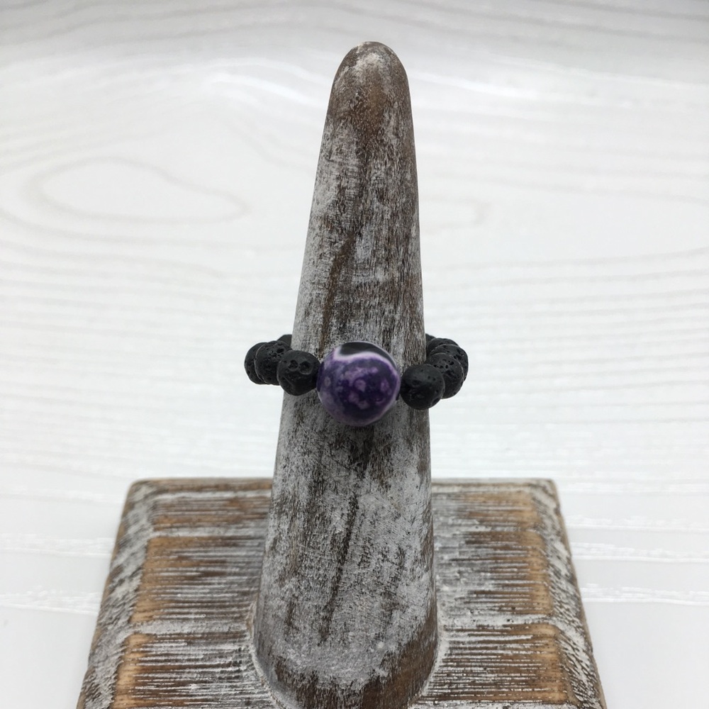 HANDCRAFTED Purple Fire Agate & Lava Stretch Bead Ring